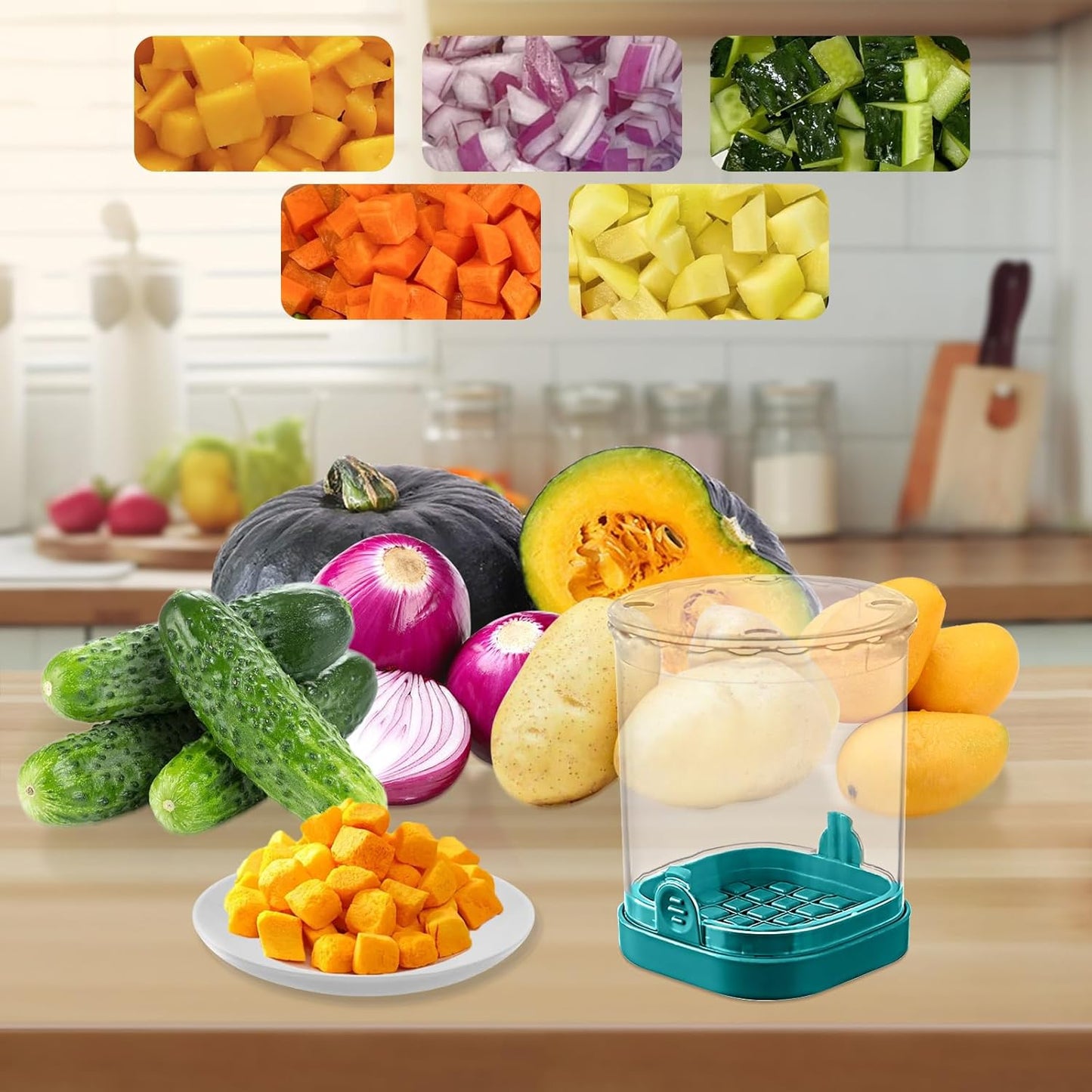 Fruit Chopper Cup - Fruit dicer - Vegetable Chopper - Fruit and Vegetable Speed Chopper with Push Plate - Detachable Fruit Cutter - Kitchen Gadgets - Home Essentials (Dark Blue)