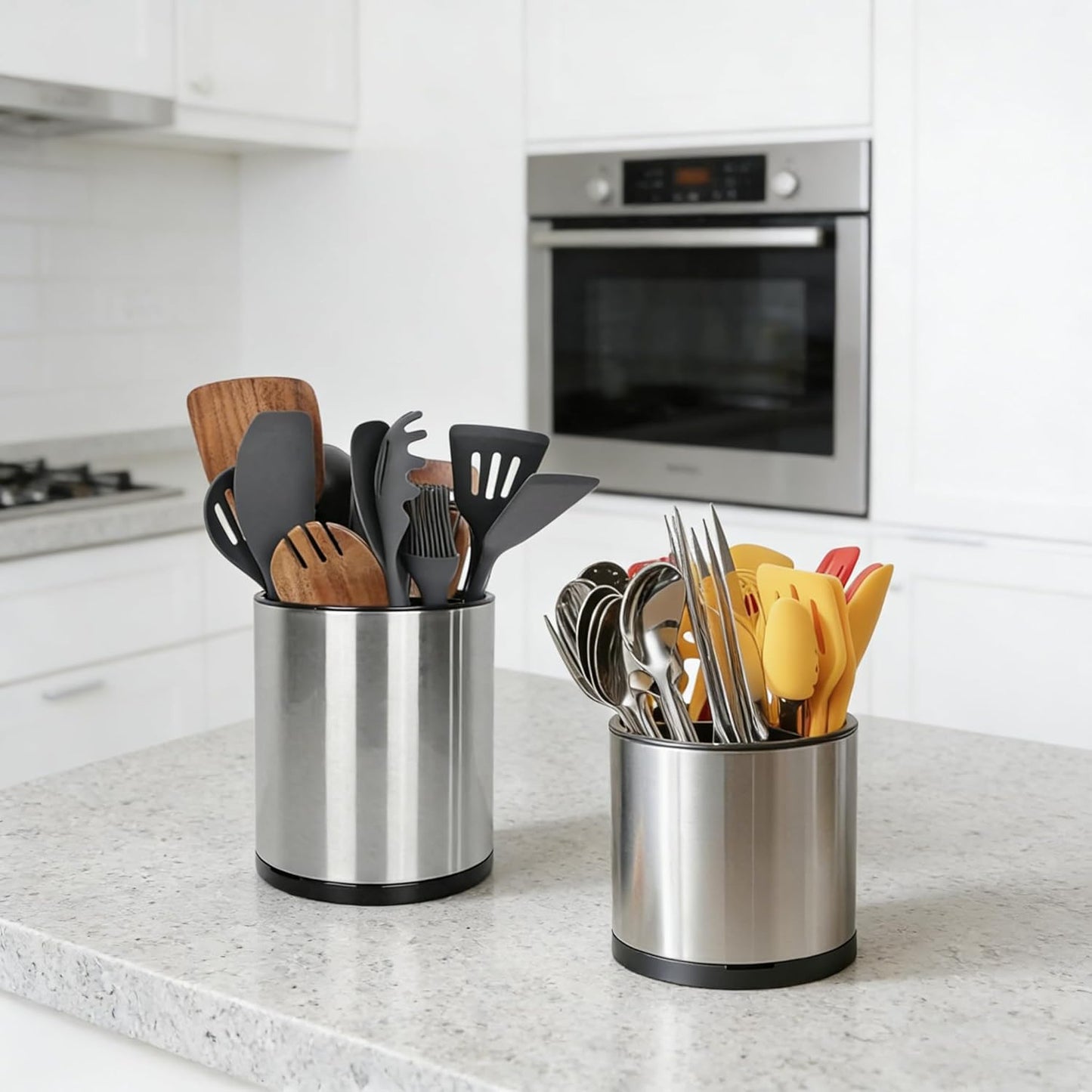 Nigelia Extra Large Kitchen Utensil Holder, 360° Rotating Stainless Steel Cooking Utensil Holder for Countertop, 3 Compartment Flatware Organizer & Cooking Caddy with Removable Base(Silvery)