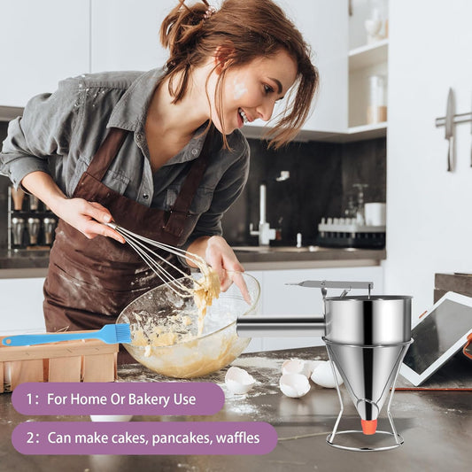 Pancake Batter Dispenser Funnel Cake Maker Cupcake Dispenser Funnel Cake Dispenser Stainless Steel Pancake Mix Dispenser with Squeeze Handle for Batter Baking Food and Candle Pouring, 40oz