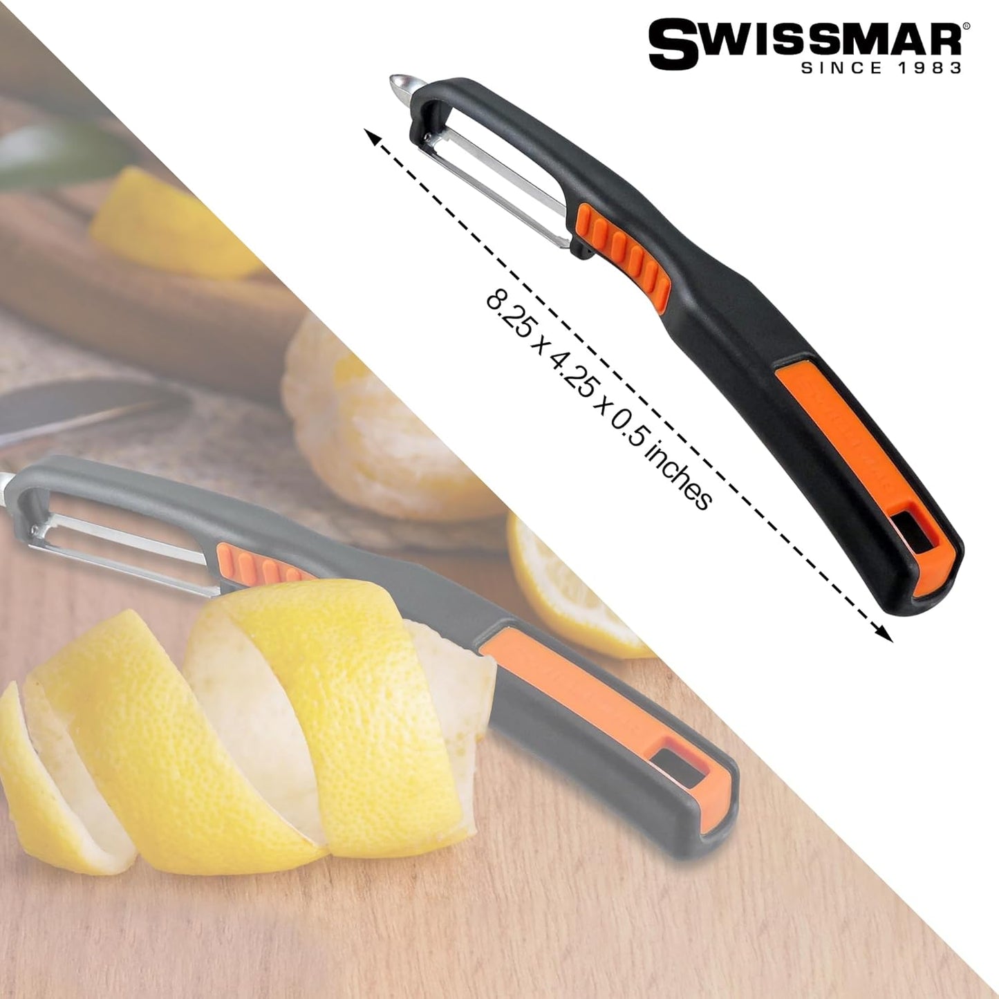 Swissmar Swiss Non-Slip Double Edge Straight Peeler - Easy-Grip Stainless Steel Peeler - Versatile Kitchen Tool, Ideal for Potato Peeler, Veggie Peeler & more - Black & Orange