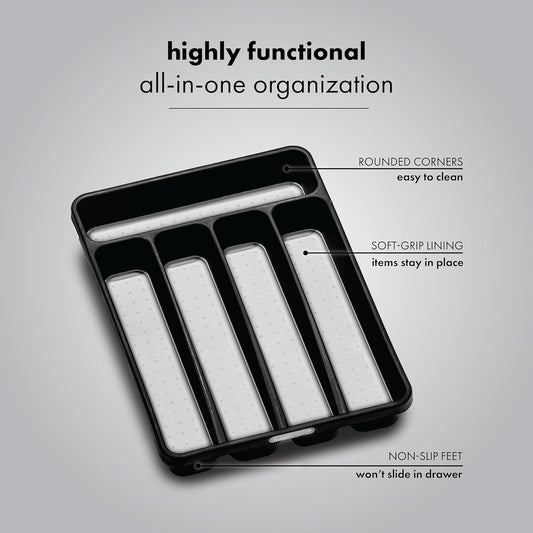 madesmart Small Silverware Tray, 5 Compartment Flatware Organizer for Forks, Knives & Spoons, Non Slip, Soft Grip Lining, Fits Small Drawers, Granite