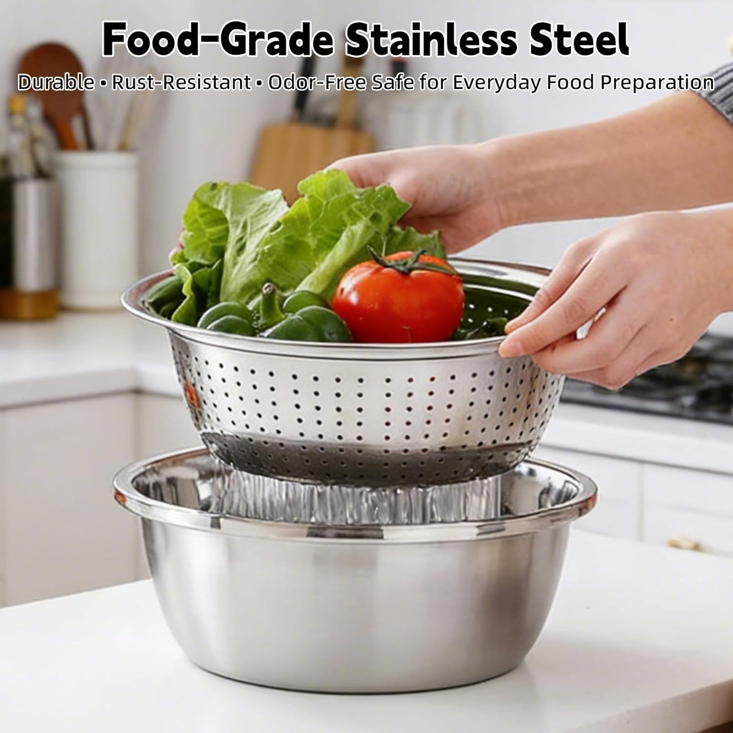 Mixing Bowls Set, 3 In 1 Multifunctional Stainless Steel Basin, Rice Washer Strainer Bowl, Kitchen Grater Set with Drain Basket for Vegetables Salad, 10.2 Inches