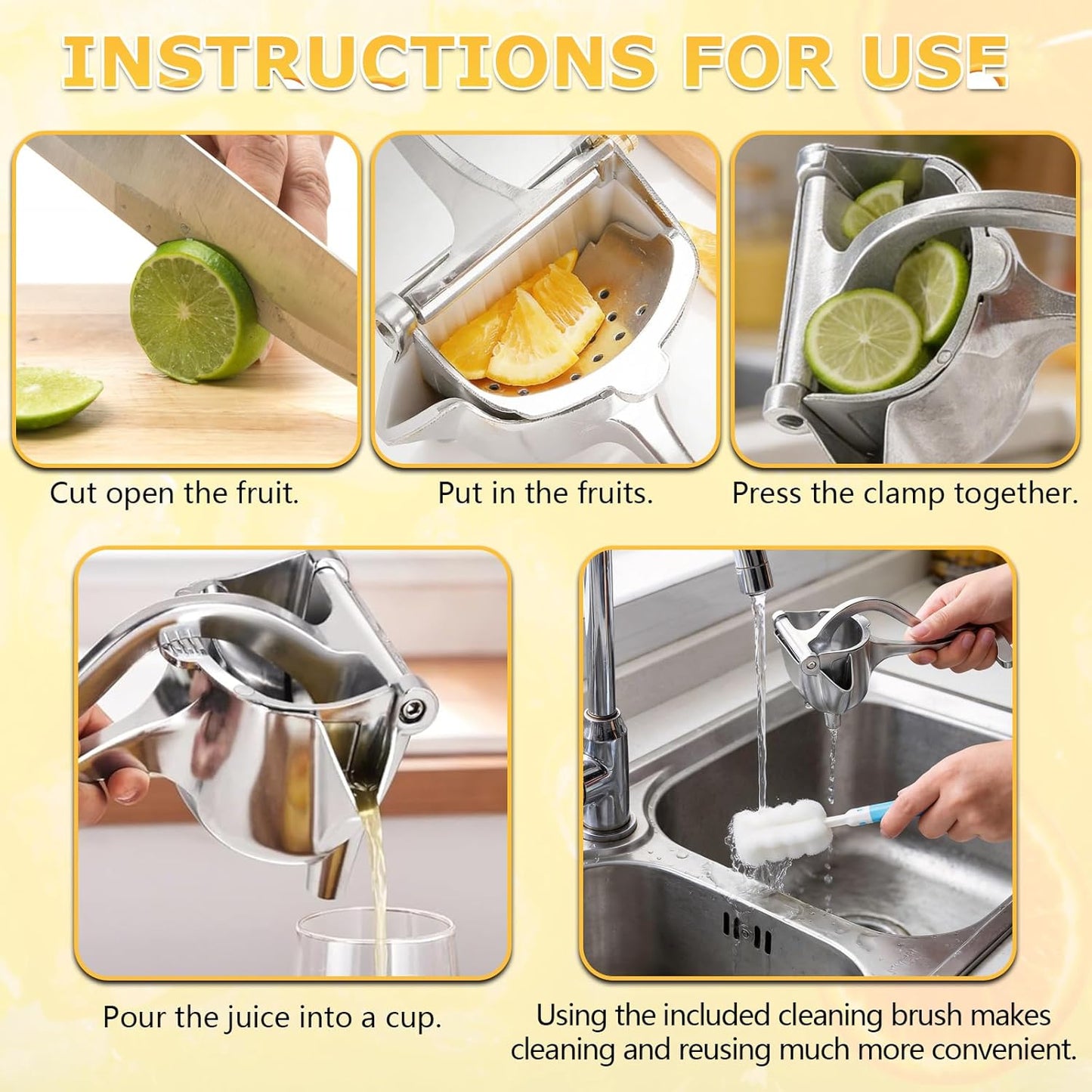 Fresh Fruit Juice Squeezer Handheld Aluminum Alloy,Hand Juicer Squeezer Lemon,Non-Slip Ergonomic Grip,Easy to Clean for Orange, Lemon, And Watermelon,with Two Beverage Bottles And A Cleaning Brush.