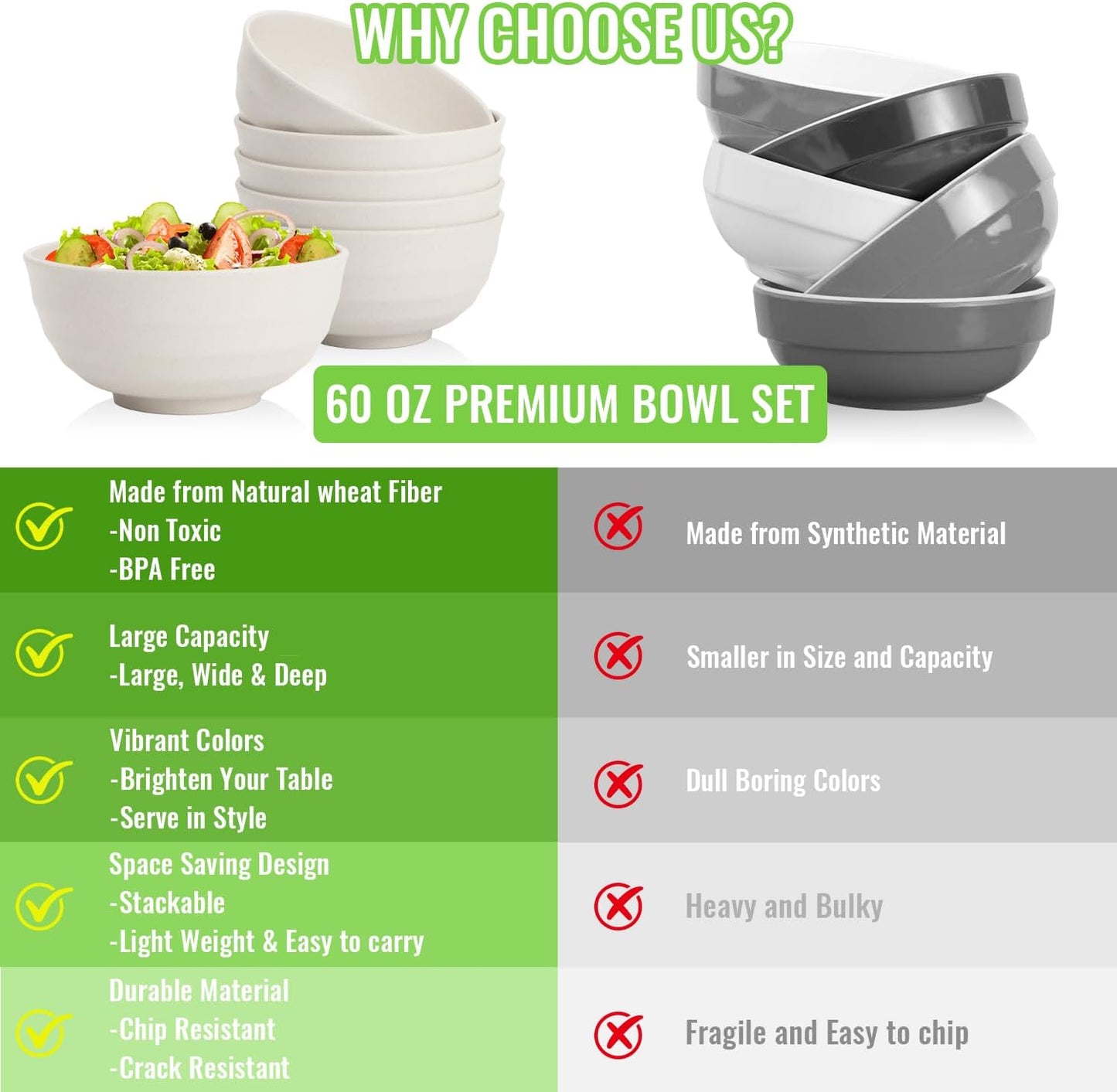 Wheat Straw Bowls Set with Lids, Unbreakable 40 OZ Cereal Bowls Set of 4, Salad Container for Lunch, Microwave & Dishwasher Safe Bowl Set for Kitchen, Picnic, RV, Camping, Multi