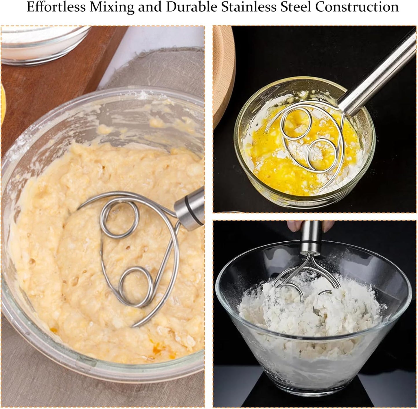 1PCS Stainless Steel Danish Whisk & Bread Whisk - 304 Steel Egg Beater & Dough Mixing Tool with Double Coil - Professional Baking Tool for Pastry & Bread Making