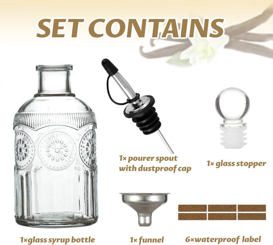Retro Glass Syrup Dispenser Bottle 7oz, Oil and Vinegar Cruet with Stainless Steel Pour Spout, Labels, Funnel & Stopper(Sunflower)