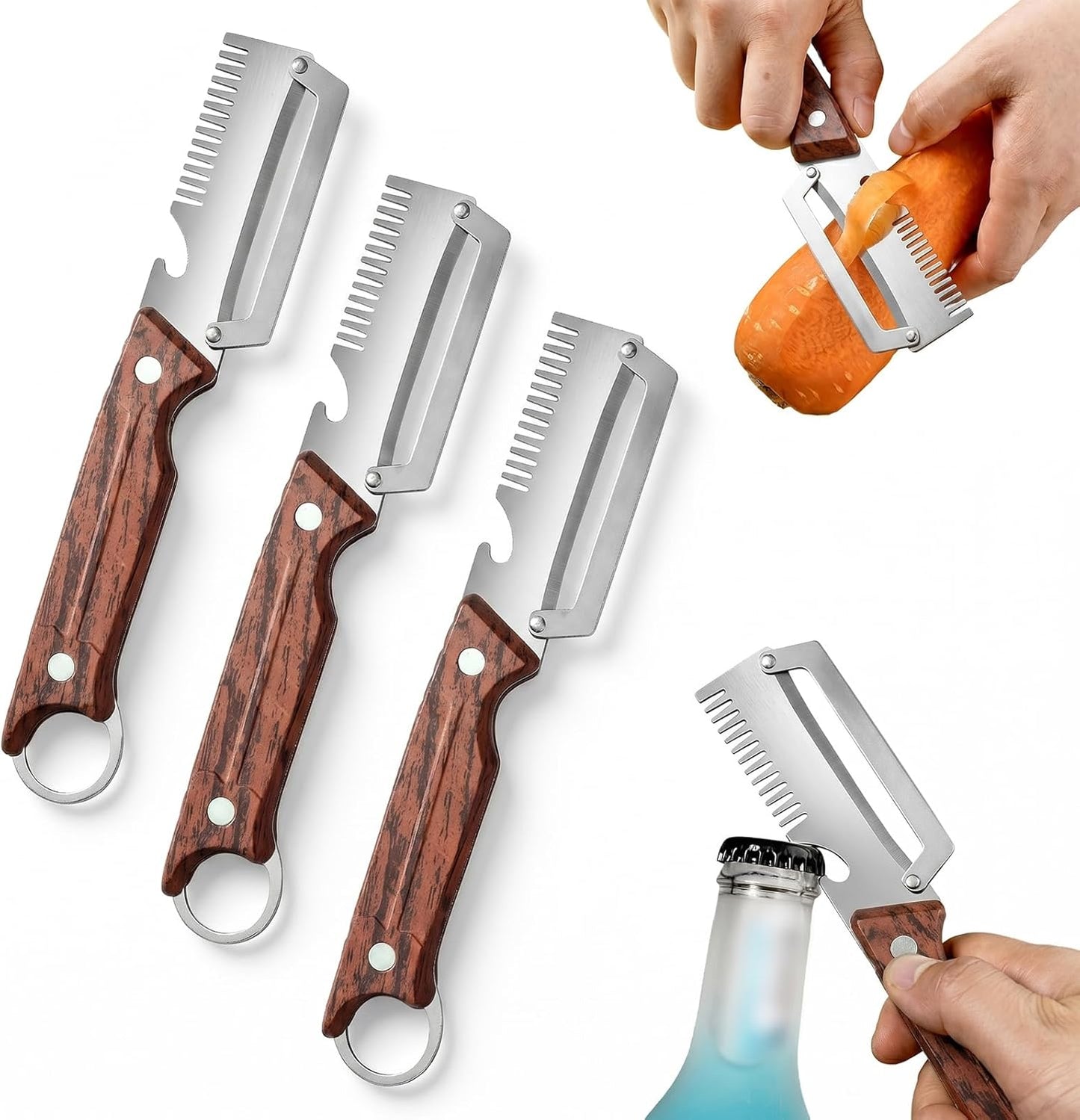 3 In 1 Multifunctional Vegetable Peeler for Kitchen, 2026 New Peeler with Thicken Wooden Handle And Bottle Opener Zero Flex Smooth Glide Potatoes Skin Heavy Duty Stainless Steel (2PCS)