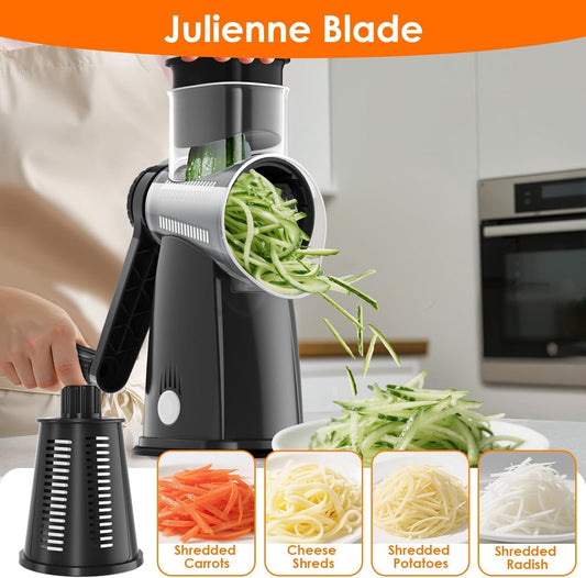 MealHelper 5 Blade Rotary Cheese Grater and Vegetable Chopper with Storage Box and Hand Crank, Compact Shredder for Cheeses, Veggies, Nuts - Easy to Use, Non-slip Suction Base,White