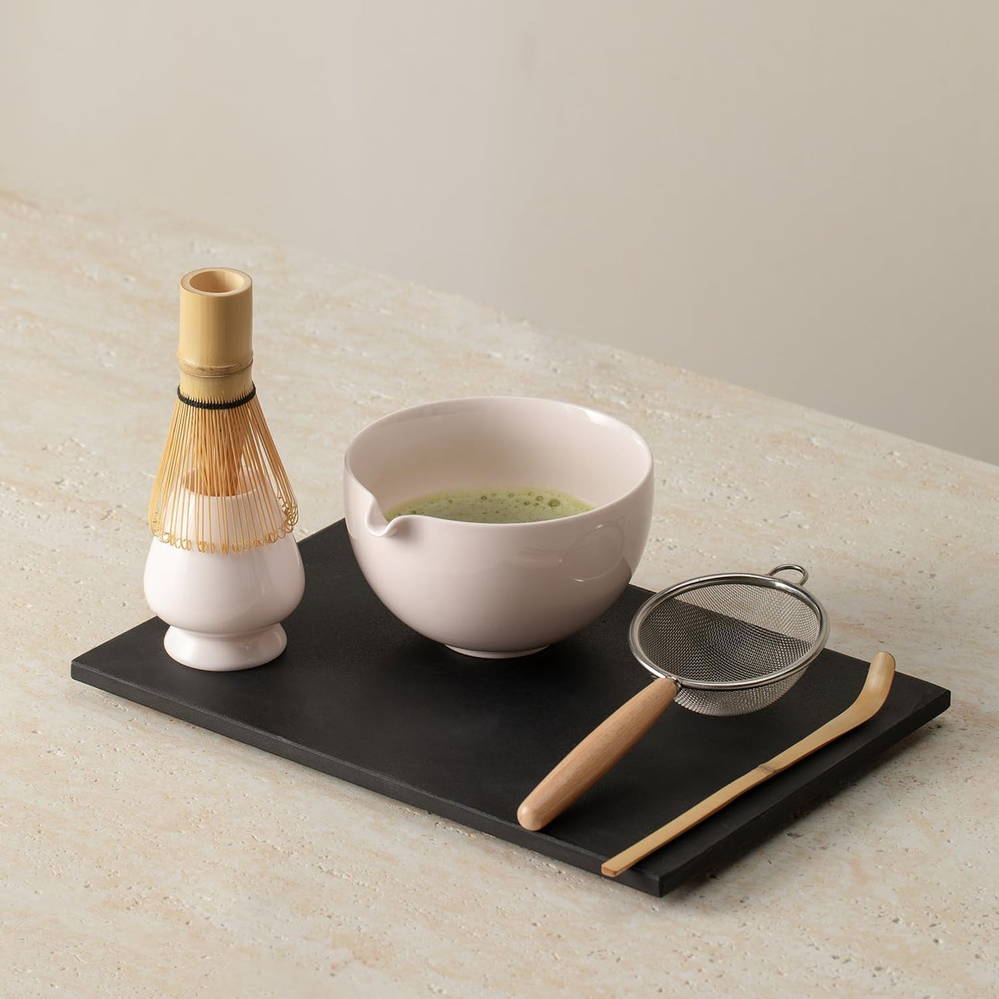 Matcha Whisk Set, Matcha Set with Ceramic Matcha Bowl, Bamboo Whisk & Holder, Sifter, Tea Scoop (Black Gold)