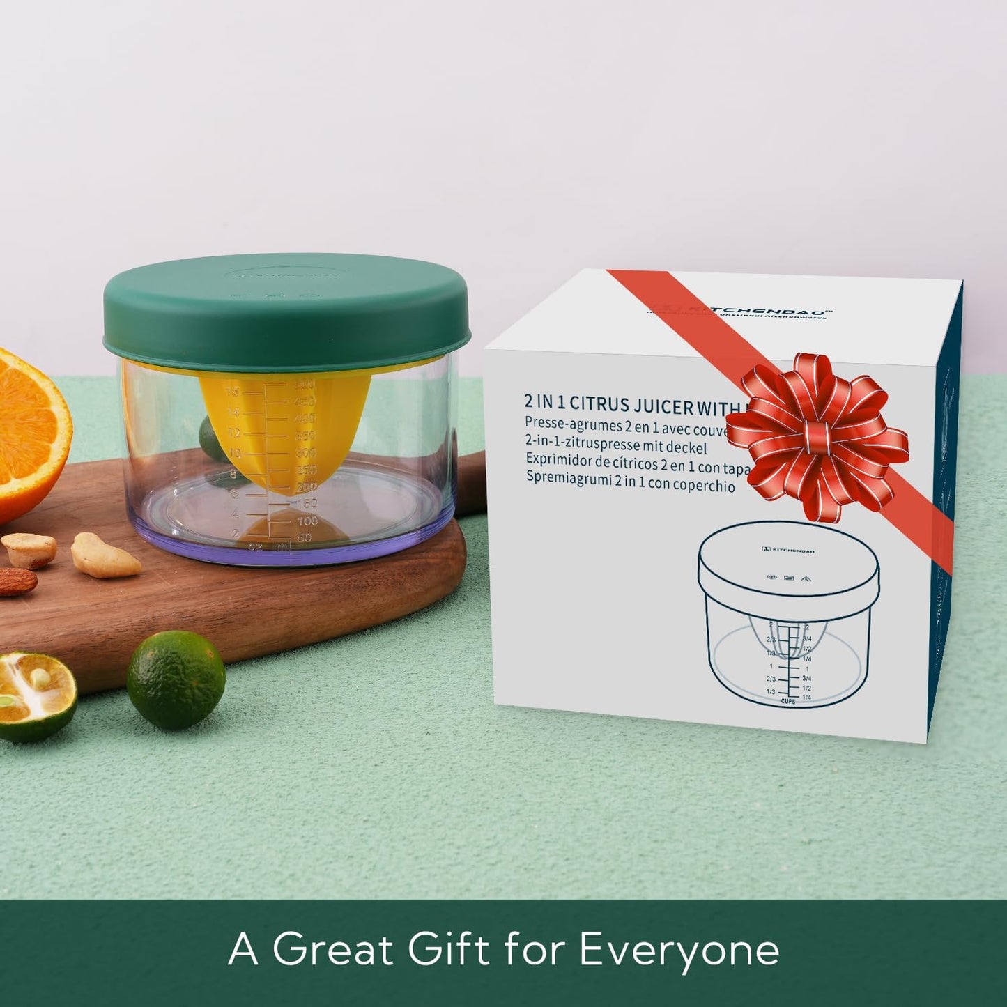 KITCHENDAO 2 in 1 Lemon Orange Citrus Juicer with lid for Sanitary Storage, Manual Hand Squeezer with Built-in 16OZ Measuring Cup, Multi-function Manual Juicer with Reamers and Non-Slip Base, BPA Free