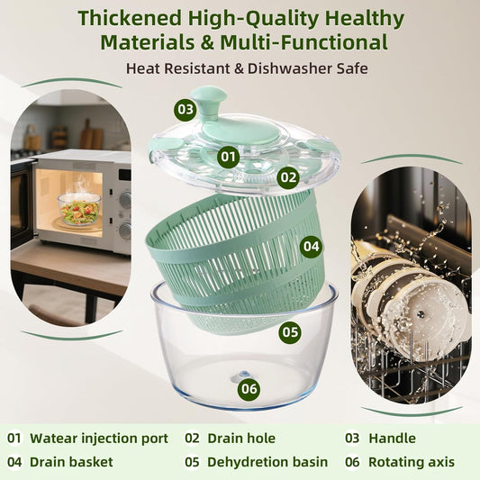 Borosilicate Glass Large Salad Spinner & Vegetable Washer - 5.2 Quart BPA-Free Dehydrator with Handle Includes 5 Chopping Blades Slicer, Drain Bowl Dishwasher Safe - Perfect for Lettuce Fruit Veggies