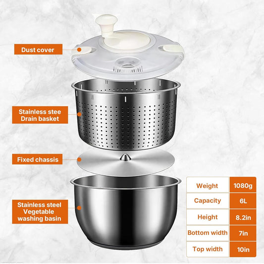 Stainless Steel Salad Spinner, 6L Multi-Use Lettuce Spinner with PP Lid, Large Vegetable Washer with Non-Slip Base, Fruit Washer,Vegetable Dryer