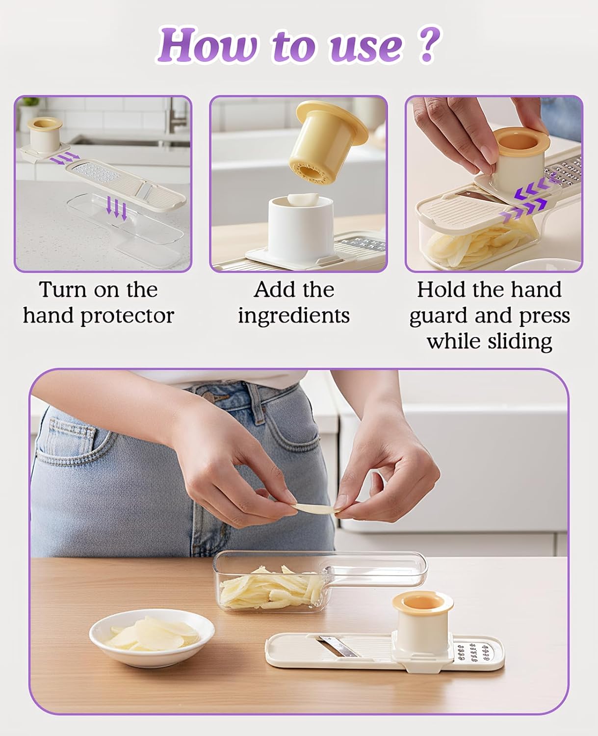 2PCS Mini Multifunctional Garlic Grinder, Garlic Slicer Super Thin with Container, Ginger Veggie Mandoline Mincer Cutter