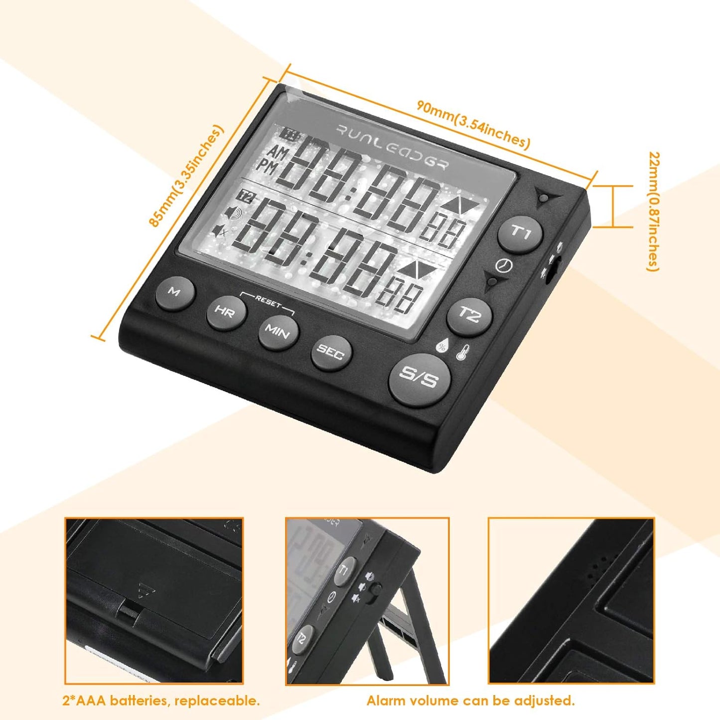 Runleader Digital Kichen Timer,Dual Count-Down & Count-up Tracking, Real-time Clock Display,Temperature and Humidity Record for Cooking Baking BBQ Gym Exam Meeting Personal Care.