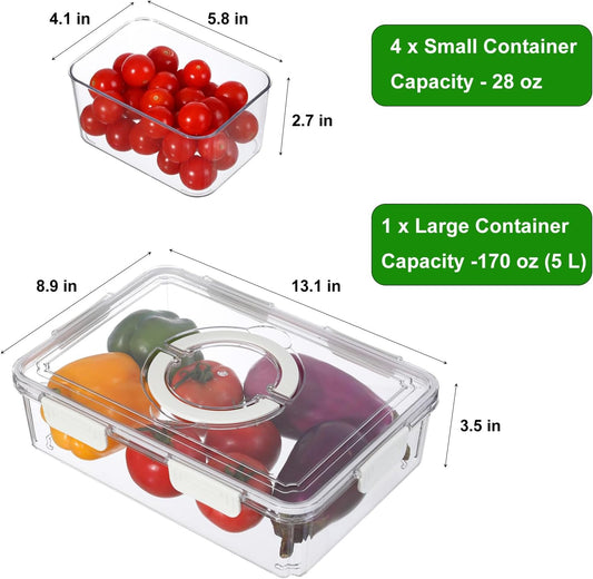 Taiuloo Airtight Fruit Storage Containers for Fridge with Lid & Handle, BPA-Free Snack Box Container with 4 Removable Colanders, Berry Vegetable Fresh Produce Saver, Clear Refrigerator Organizer Bins