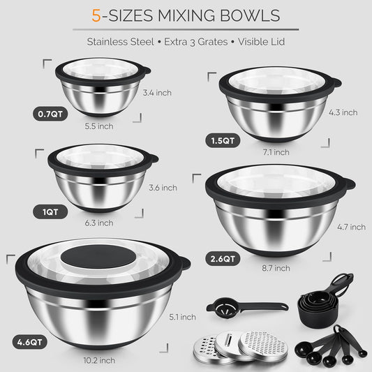 HaWare Mixing Bowls, 24-Piece Stainless Steel Salad Serving Bowl with Airtight Clear Lids, Metal Nesting Bowl For Kitchen Cooking Prepping Storing with 3 Graters, 4.6/2.6/1.5/1/0.7 QT, Khaki