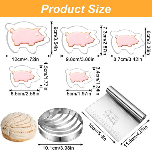Concha Cutter Set, Stainless Steel Mexican Bread Mold Set, Concha Cutter 5 Pcs Pig Cookie Cutters and Dough Scraper, Kitchen Baking Tools for Bread Cookie Cake Biscuit