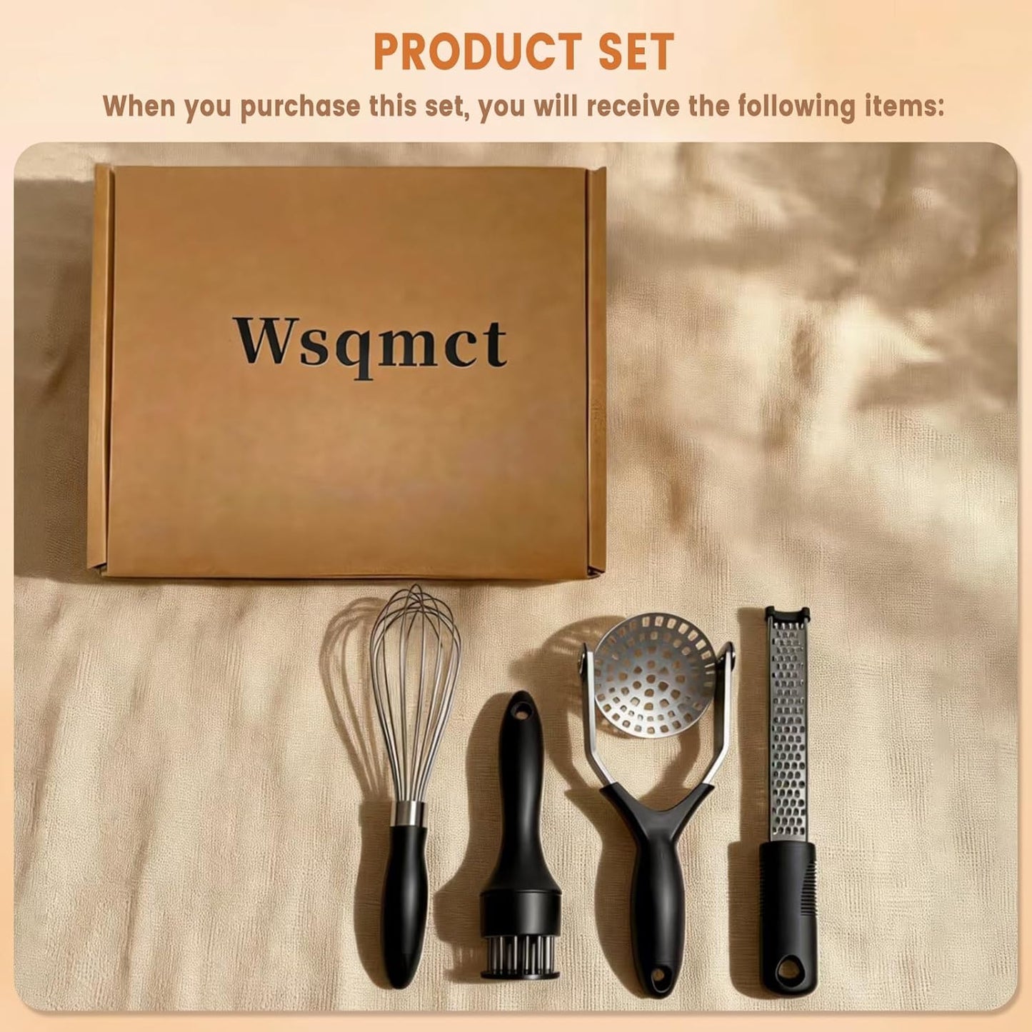 4-Piece Kitchen Gadget Set with Potato Masher, Balloon Whisk, Meat Tenderizer & Cheese Grater - Essential Prep Tools for Baking, Cooking & Meal Prep, Dishwasher Safe