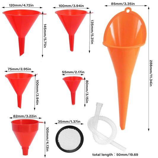 Oil Funnel for Automotive Use, Plastic Oil Change Funnels Set Large Flexible Fuel Funnel with Long Hose and Filter Bendable Wide Mouth for Car Motorcycle Boat Bottle Water Gasoline (7PCS)