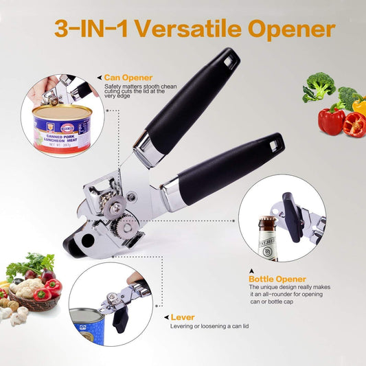 Can Opener, 3-In-1 Manual Can Openers, Cordless Tin Opener with Lids off Jar Opener and Bottle Opener in One, Smooth Edge and Heavy Duty Stainless Steel Sharp Blade