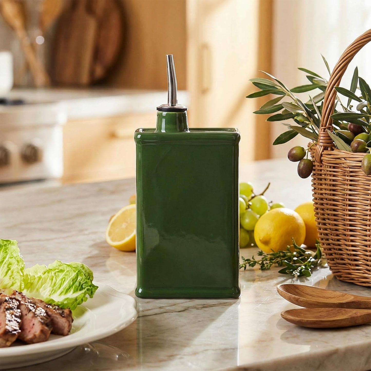 Potchen 20 oz Ceramic Olive Oil Dispenser Bottle Green Olive Oil Dispenser Large Capacity Vinegar Cruet with Stainless Steel Spout for Storage Vinegar, Coffee Syrups and Other Liquids