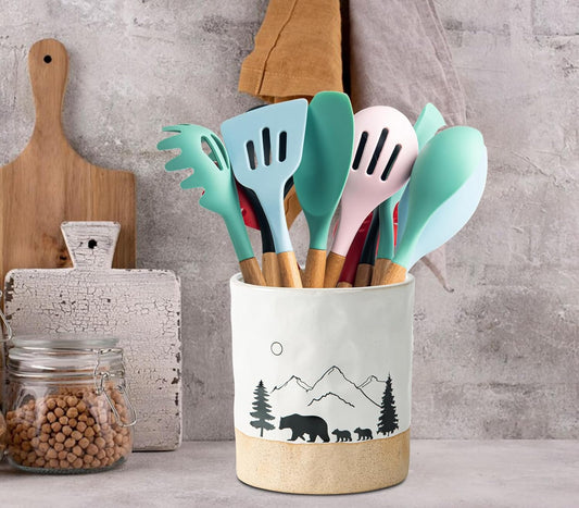 dgudgu Bear Ceramic Kitchen Countertop Utensil Crock White Large Cooking Utensil Holder