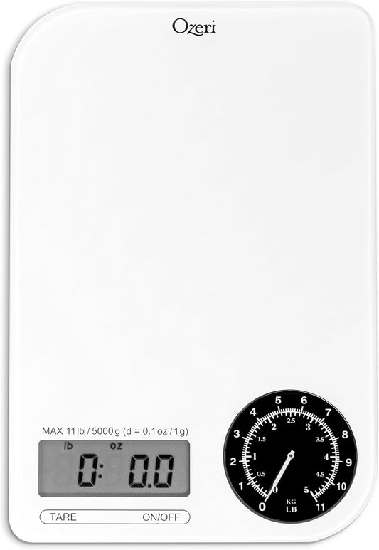 Ozeri ZK18-WB Rev Digital Kitchen Scale with Electro-Mechanical Weight Dial, Black Dial