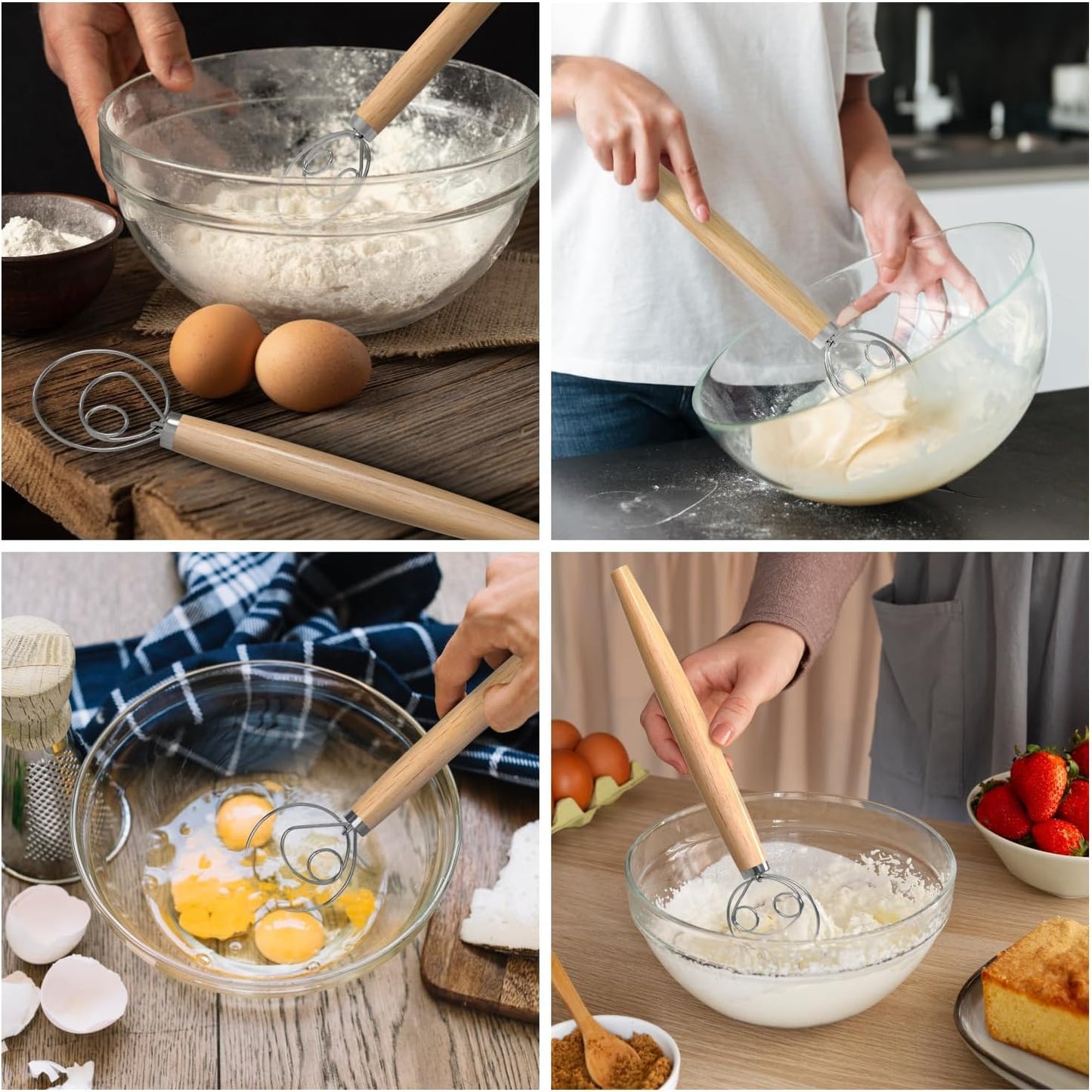 O'Creme Danish Dough Whisk Set of 2 Two Eyes Stainless Steel Bread Mixer with Wooden Handle - Sourdough Whisk for Baking Dough, Pizza, Pastries - Food-Grade, Dishwasher Safe