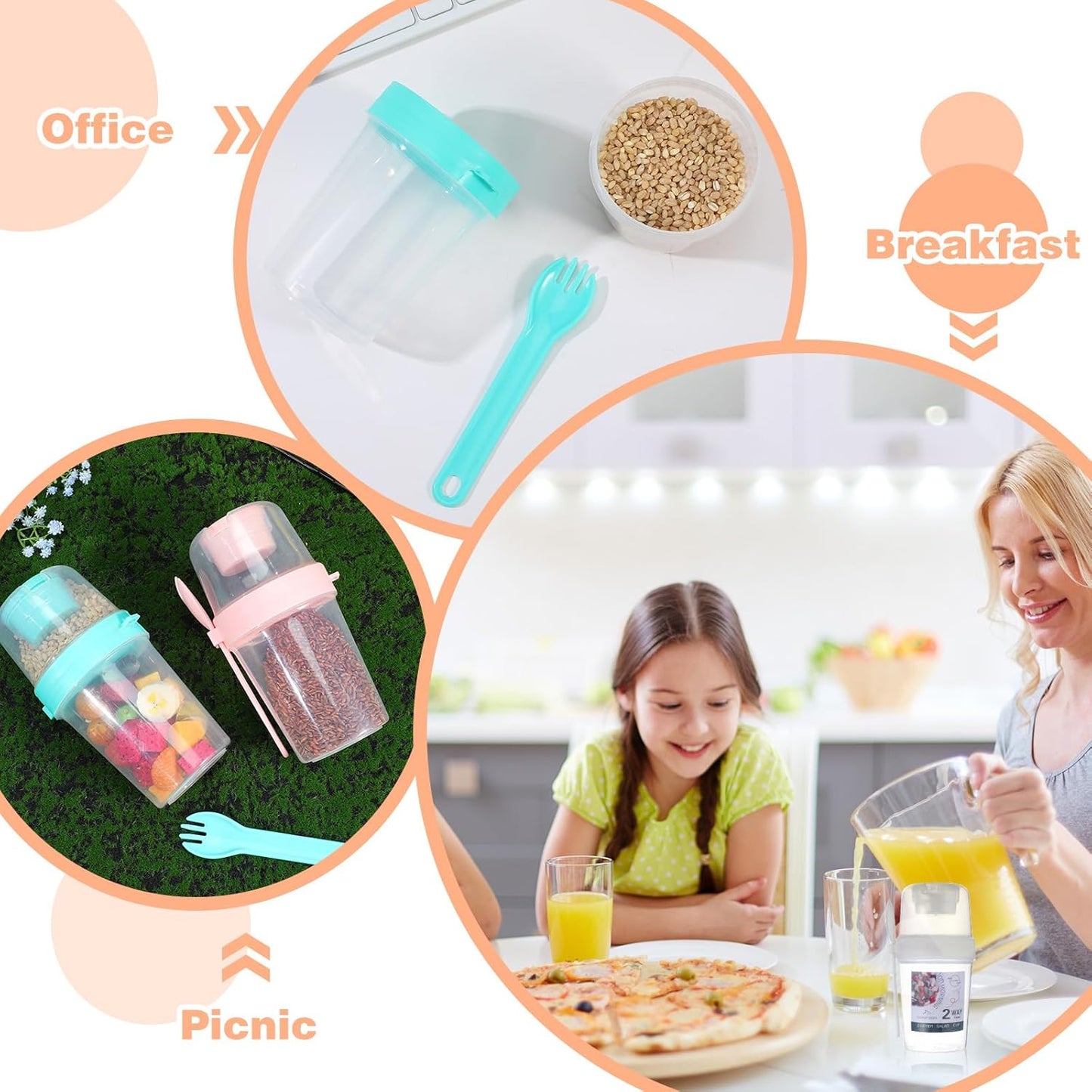 6 Pcs Salad Shaker Cup with Lids and Fork Fresh Salad Shaker Container for Lunch, Portable Breakfast Meal Vegetable and Fruits, White, Pink, Green