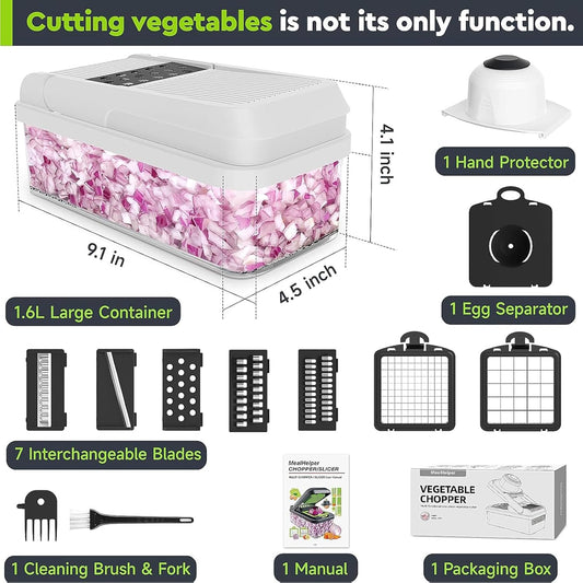 MealHelper 12-in-1 Vegetable Chopper, 7 Blade Veggie Chopper, Practical Food Chopper with Container, Cheese Grater, Home Essentials & Kitchen Gadgets(Green/Grey)