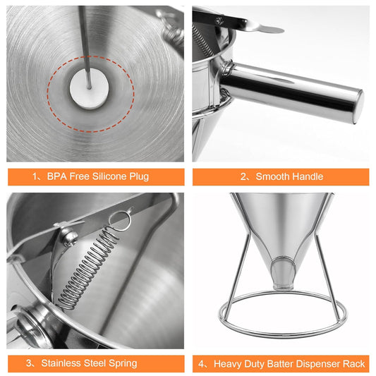 20oz Pancake Batter Dispenser, Stainless Steel Funnel Cake Dispenser with Stand Heavy Duty Baking Tool for Cupcake Waffles Cakes Takoyaki and Kitchen Baking (Small)