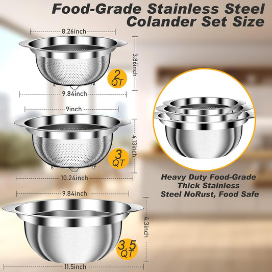 Colander, Stainless Steel Colander for Kitchen, 3Pcs Kitchen Gadget Food Strainer Basket with Handle, Kitchen Strainer Colanders Bowl for Pasta Noodles Spaghetti Vegetables Fruit (2QT, 3QT, 5QT)