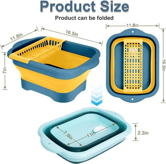 2Pack Collapsible Dish Basin with Drain Plug and Portable Sink, 11L(2.91 Gallon) Collapsible Bucket with Sink, Foldable Wash Basin for Station Campin/Camping/Rv/Kitchen (Green and Yellow)