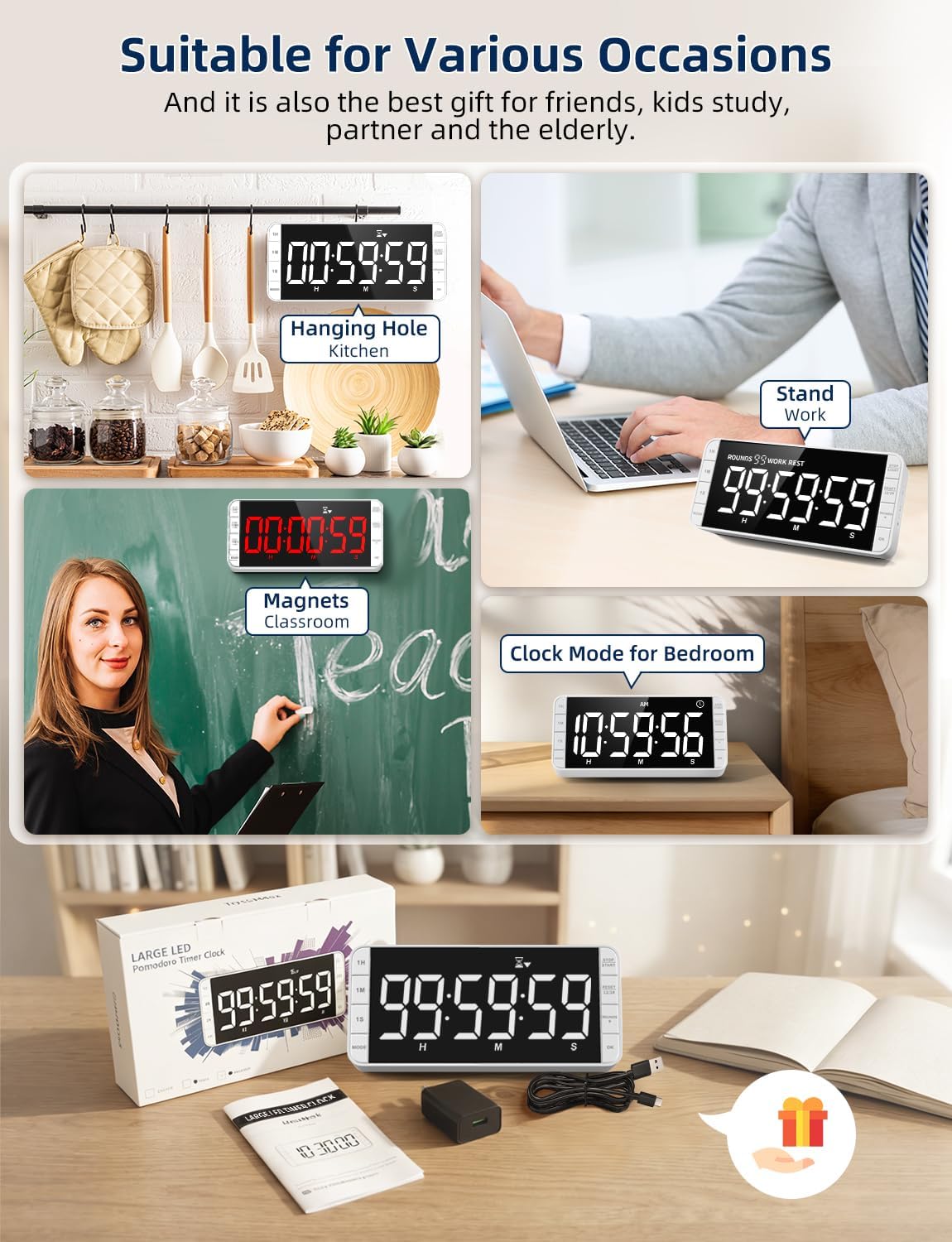 7.8" Digital Kitchen Timer with Large LED Display, Magnetic Rechargeable Countdown Timer, 5 Alarms & 4 Volume Levels, 99H Count Up/Down Timer for Cooking, Classroom & Study