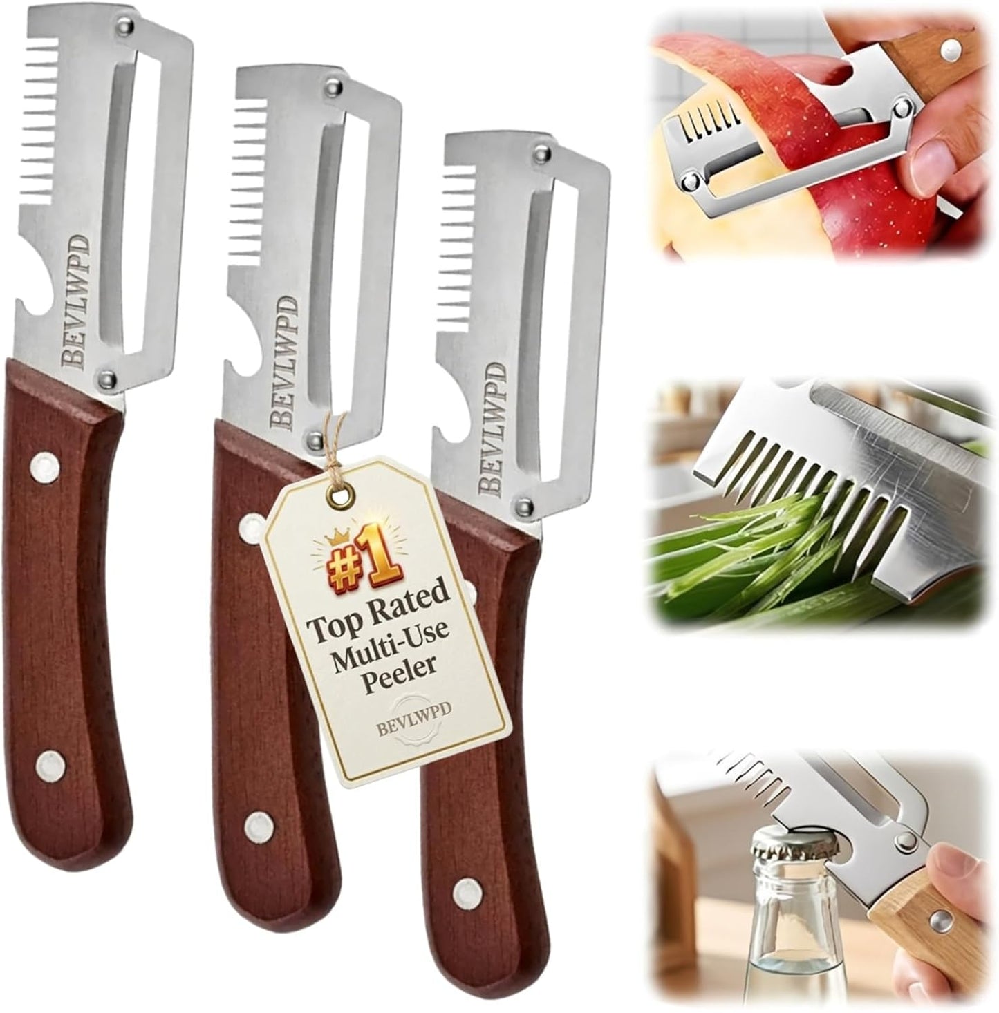 3-in-1 Scallion Shredder & Peeler Kitchen Multi-function Stainless Steel Thickened Fruit Peeling Knife Vegetable Wooden Handled Cutter Tool Zero Flex Veggie Carrot Cabbage Potatoes Peelers(2PCS)