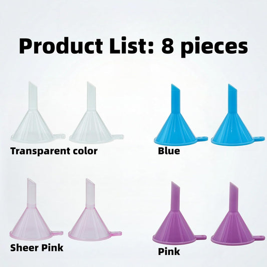 Mini Funnels 8-Pack with Spoon | Small Funnel Set for Filling Tiny Bottles, Essential Oils, Powder, Spices, Glitter | Food-Grade Plastic, Multicolor (Pink, Blue, Clear) for Crafts & Perfume