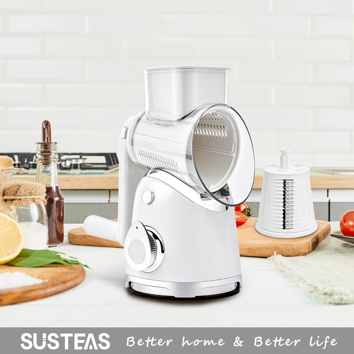 SUSTEAS Rotary Cheese Grater with Handle,Vegetable Slicer with 6 Interchangeable Blades, Reinforced Suction,Easy to Clean,Kitchen Shredder for Crushed Ice,Fruits and Nuts with Blade Storage Case,White