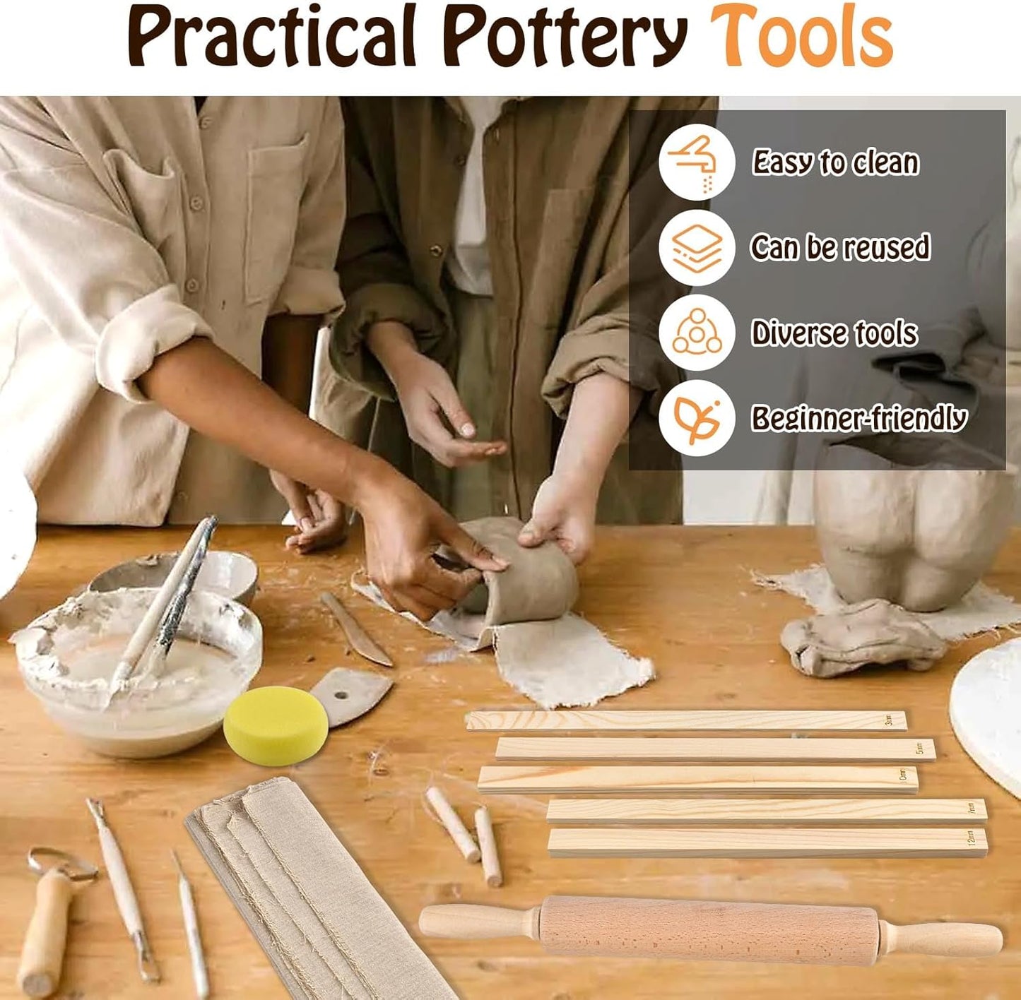 Akamino 20 Pcs Pottery Tools Include 1 Wood Rolling Pin,1 Portable Pottery Linen Tablecloth, 10 Pcs 5 Size Teaching Rolling Mud Stick Guide, 8 Clay Sculpting Tools for Manual Self Ceramic Clay Making