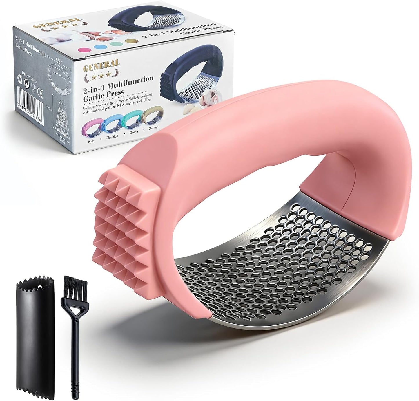 Garlic Press Rocker 304 Stainless Steel Garlic Mincer & Crusher with Silicone Peeler and Cleaning Brush, Ergonomic Dishwasher Safe Garlic Chopper Kitchen Gadget for Seniors & Home Cooks