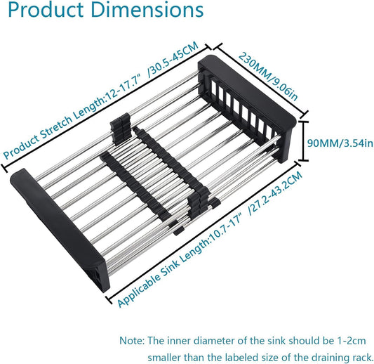 Over The Sink Dish Drying Rack, Stainless Steel Expandable Telescopic Drain Basket with Adjustable Arms - Functional Kitchen Sink Organizer for Dishes, Vegetables & Fruits (Large, Black)