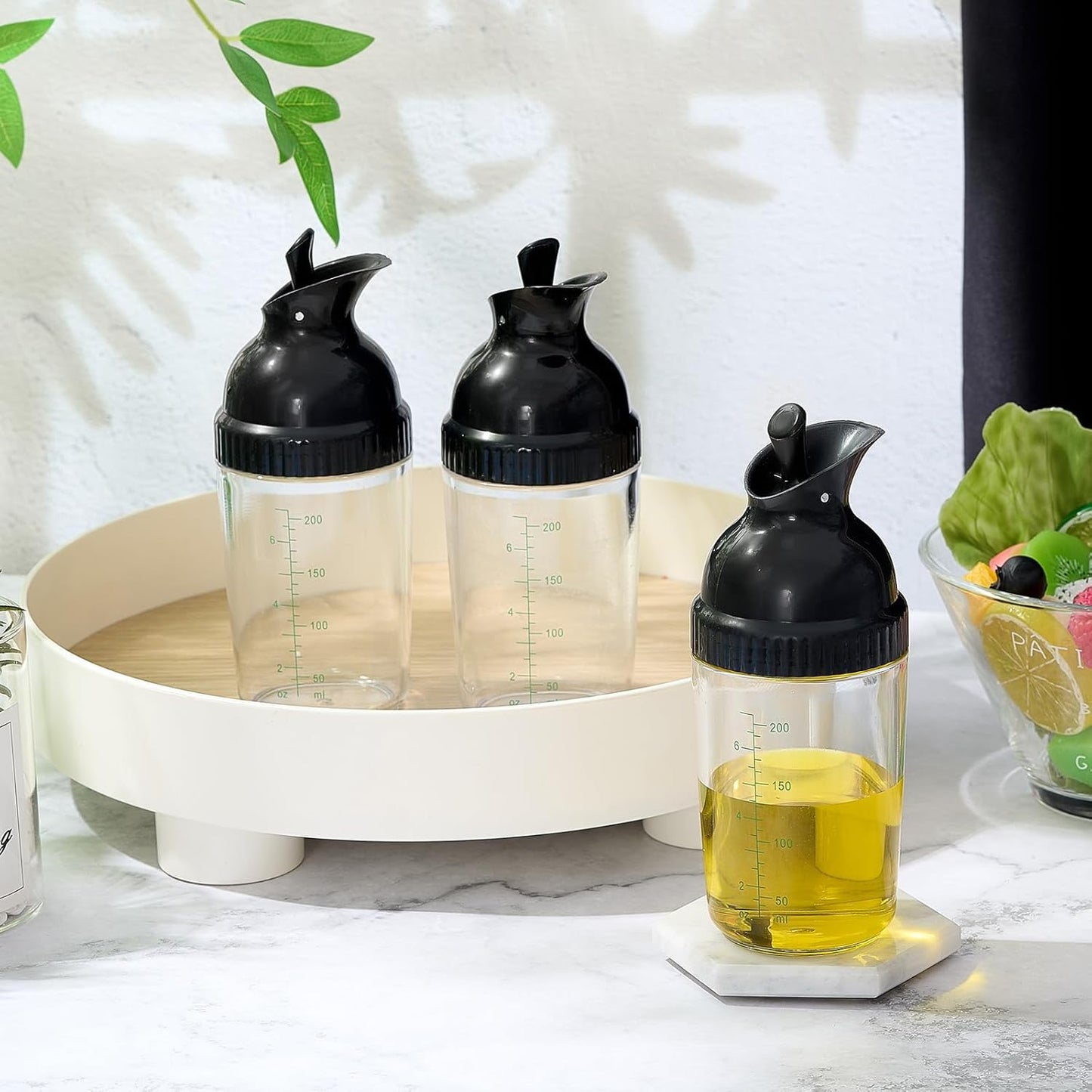 Lallisa 3 Pcs Salad Dressing Shaker 7 oz Salad Dressing Dispenser Mixer Shaker for Soy Sauce Vinaigrette Kitchen Spice Oil Vinegar Container (Black)