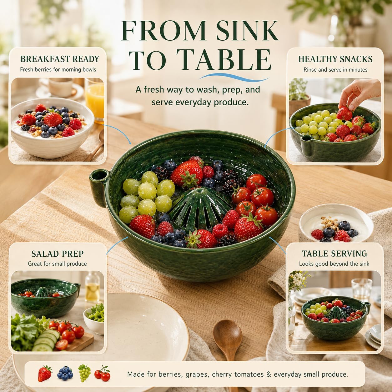 2026 Self Spinning Berry Washing Bowl, 360 Degree Cleaning Fruit Swirl Colander Center Cone, Fruit Washer Spinner Bowl, Berry Washer Spinner for Kitchen Serving and Produce Prep