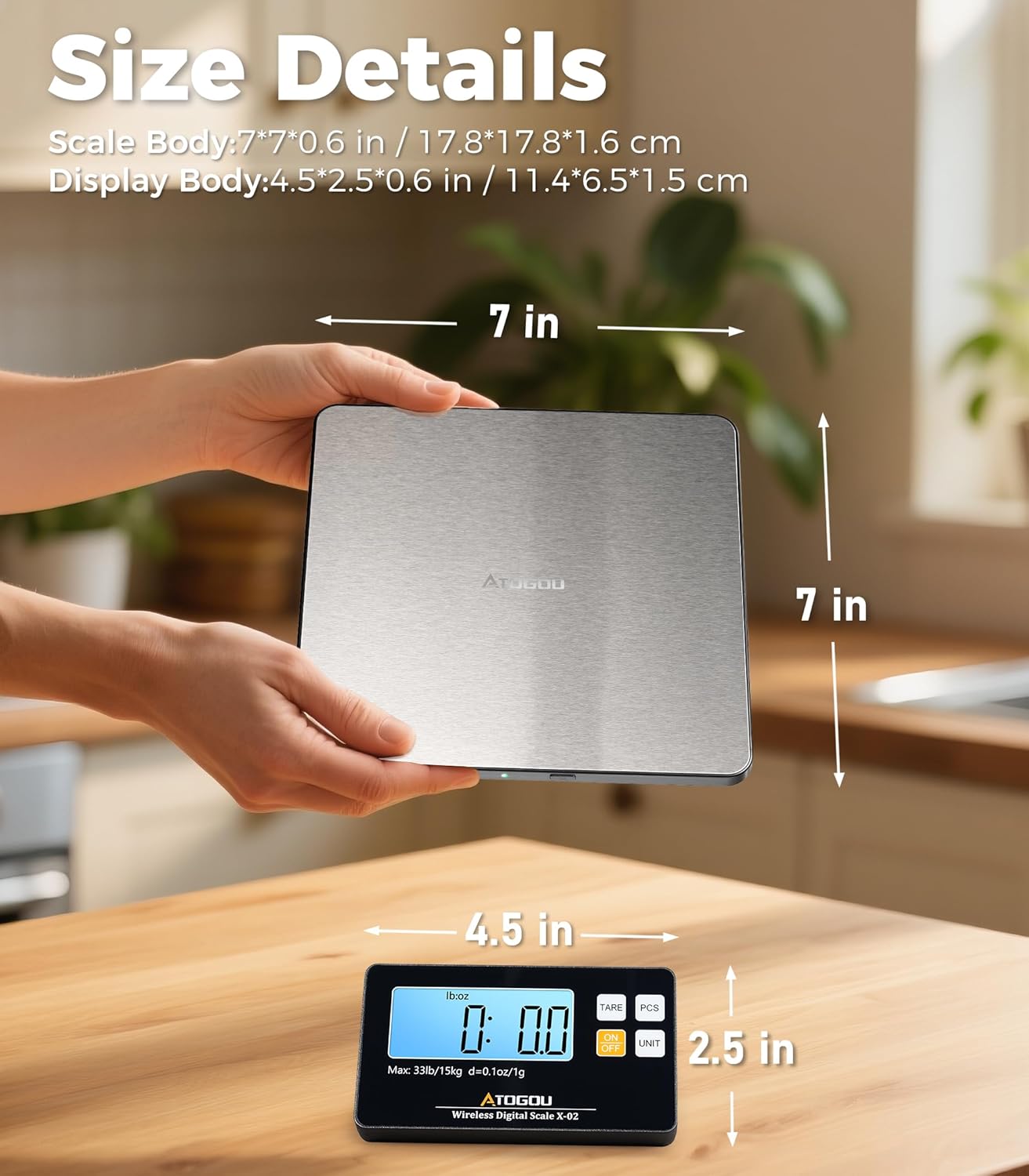 Atogou Upgraded Wireless Food Scale, 33lb/15kg Kitchen Scale with Detachable Display & Larger Platform, 0.1oz/1g, 9 Units, Counting Function, Stainless Steel, for Cooking, Baking, Shipping, Black