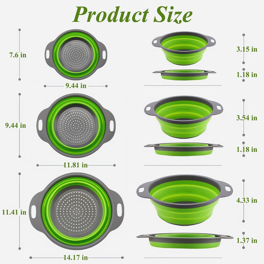Collapsible Colander Set of 2, Foldable Silicone Pasta Strainer with Handles, 2 Pack Space Saving Kitchen Colander for Fruits,Space Saving Pasta Strainer Basket for Fruits & Vegetables