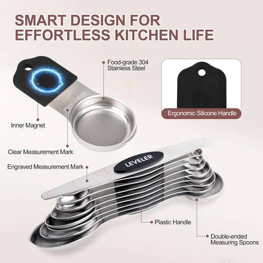 16-Piece Stainless Steel Measuring Cups and Spoons Set, Strong Magnetic Nesting Design 7 Cups 8 Spoons with Leveler, Double Measurement Markings for Dry & Liquid Ingredients, Gold