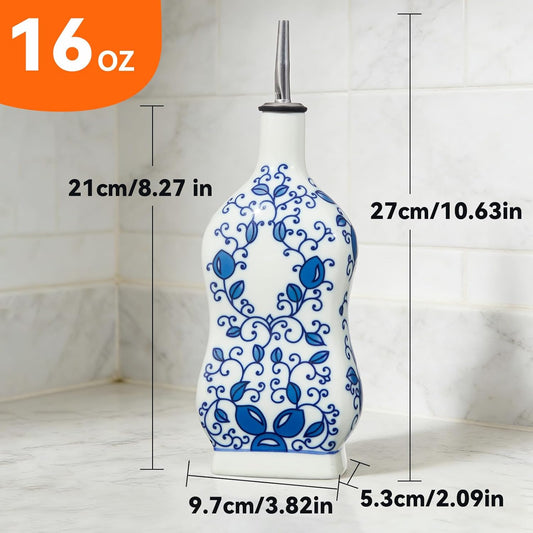20oz Vintage Ceramic Olive Oil Dispenser Bottle, Gourd Shape Blue and White Porcelain Oil Bottle with Spout and Funnel,Drip-Free Cruet, for Oil, Vinegar, Soy Sauce, Coffee Syrup, Liquids