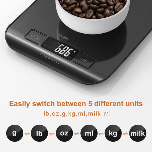 CROWNFUL Food Scale, 11 lb Digital Kitchen Scales with Built-in Coin Battery, Weight Ounces and Grams for Cooking and Baking, 6 Units with Tare Function, LCD Display, 304 Stainless Steel