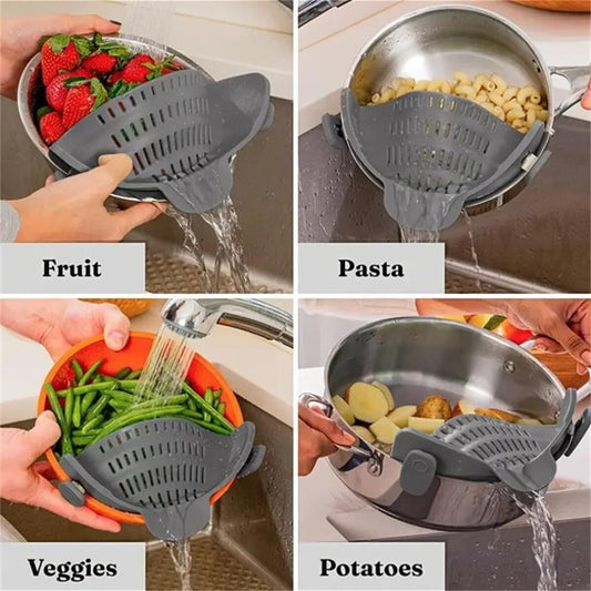 Kitchen Silicone Strainer, Silicone Pasta Strainer Clip-On for Pots and Pans - Heat Resistant Colander for Vegetables and Noodles - Kitchen Gadgets for Cooking - Space-Saving Design - Gray
