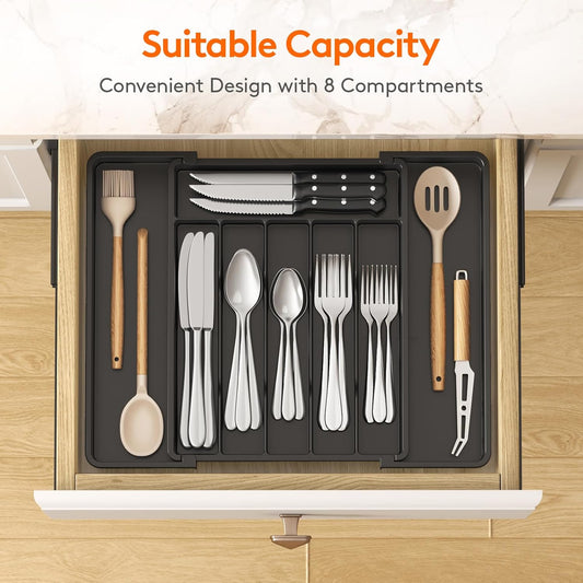 Lifewit Silverware Drawer Organizer, Expandable Utensil Tray for Kitchen, BPA Free Flatware and Cutlery Holder, Adjustable Plastic Storage for Spoons Forks Knives, 11-18 x 14", Black