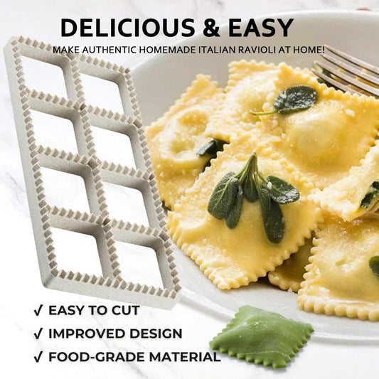 Ravioli Maker Press, Ravioli Stamp Maker - Heart Round Squares - 1.85" Squares Ravioli Stamp Maker Cutter with Wood Rolling Pin, 2.6" Empanada Maker Press Kit and Ravioli Wheel, Makes 8 Ravioli